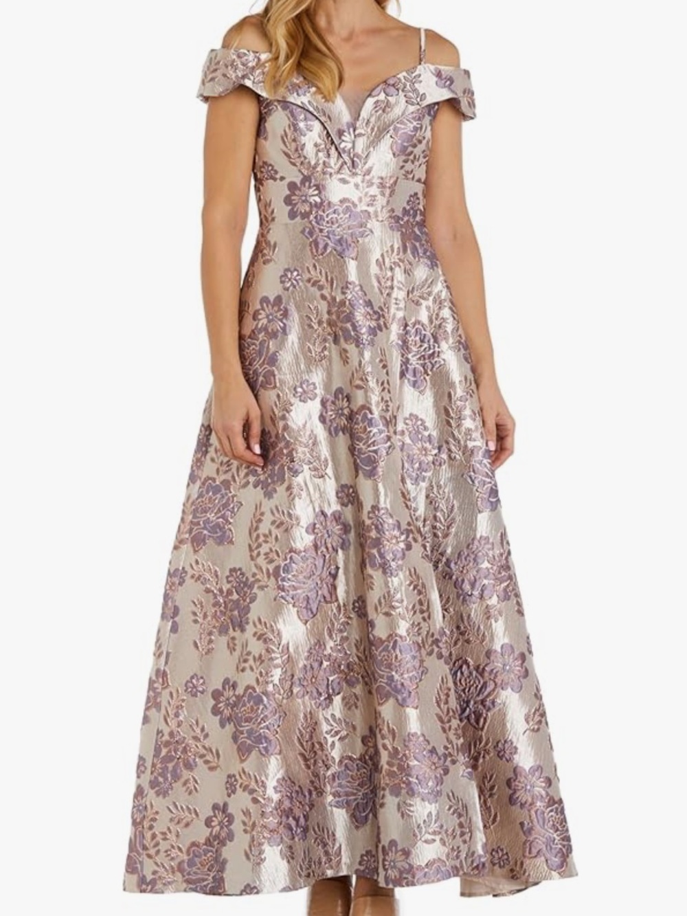 Nightway Long Off-Shoulder Metallic Floral Brocade Gown in Champagne & Lavender
